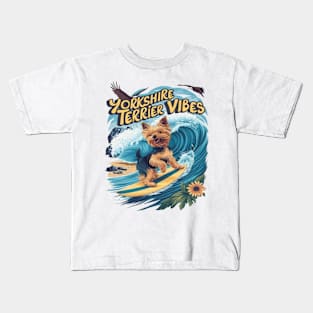 Aquatic Yorkshire Terrier Surfing the Wave Kids T-Shirt